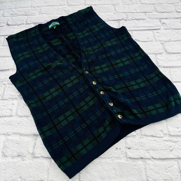AMERICAN EAGLE Men's Plaid Preppy Grandpa‎ Vest Large Green/Blue 100% Cotton - Picture 1 of 7